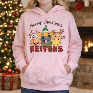 Kids Pink Hooded Christmas Sweatshirt | Size Medium | Gildan Brand